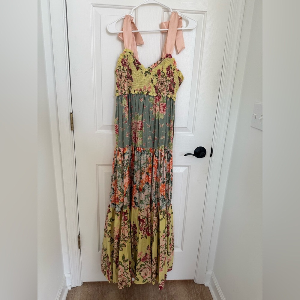 Free People Bluebell Floral Maxi Dress with Pink Ribbon Straps